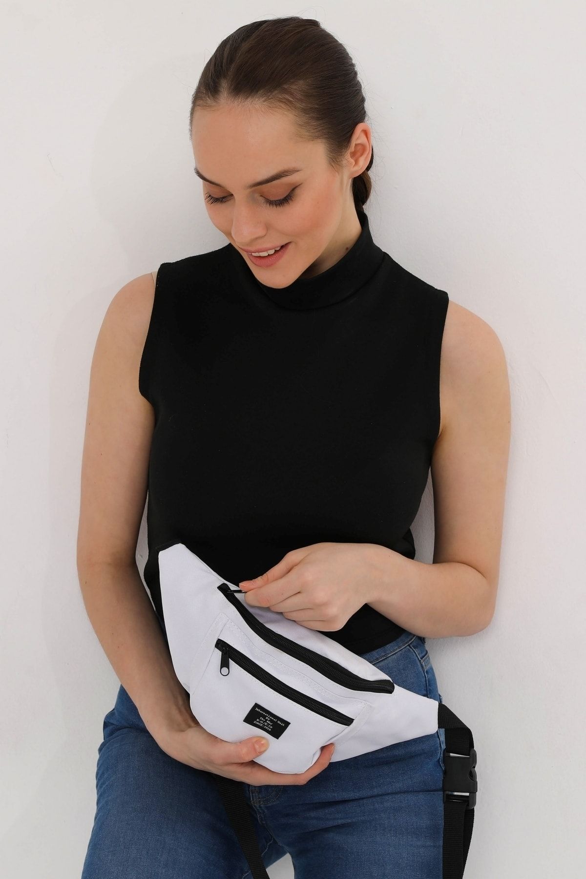 D'VERS Unisex Beyaz 2 Bölmeli Omuz Ve Bel Çantası - Görsel 5