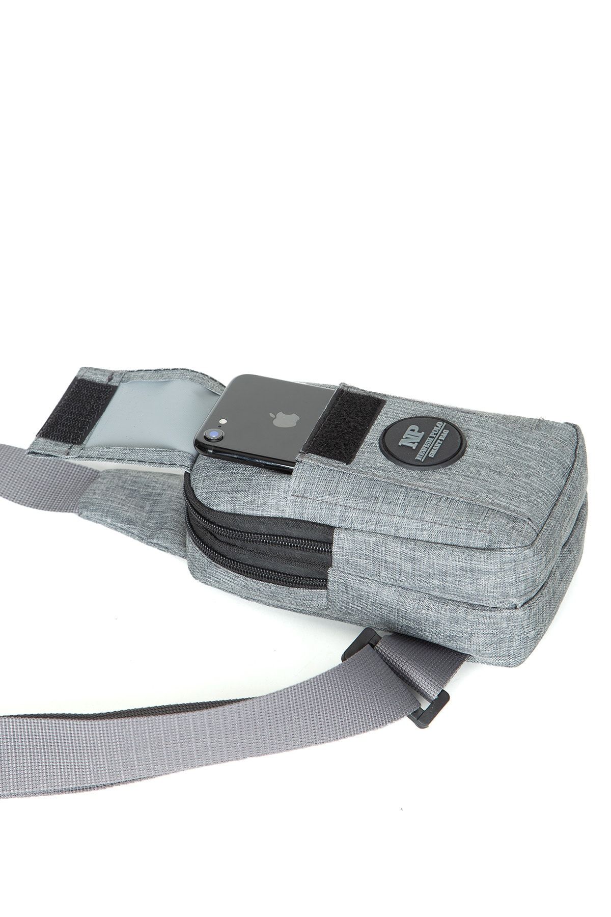 Newish Unisex Keten Kumaş Telefon Bölmeli Çapraz Askılı Omuz Ve Bel Çantası, Gri Renk, Günlük Spor - Görsel 5