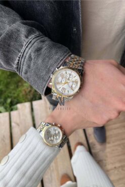 Northwatch Gold Detaylı Gümüş Kordon (2 Adet) Sevgili Kol Saati & Bileklik Hediyeli