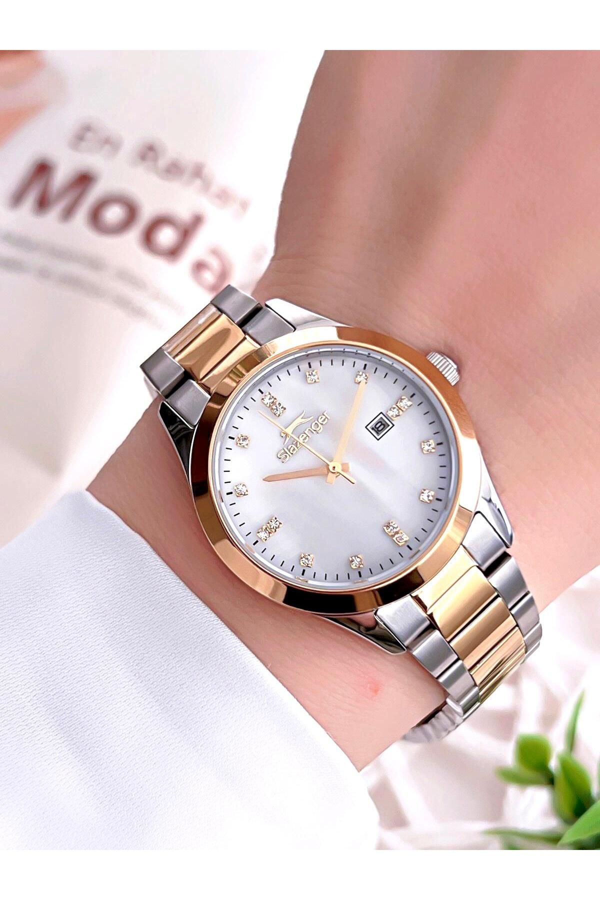 Slazenger Çelik Kordon Takvimli Özel Sedef Kadran 5 Atm Suya Dayanıklı Kadın Kol Saati 2465.3.05