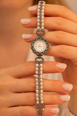 OSMANLI GÜMÜŞ Gelin Saati - Düğün Saati - Linda Inci Ve Markazit Taş Detaylı Gümüş Saat