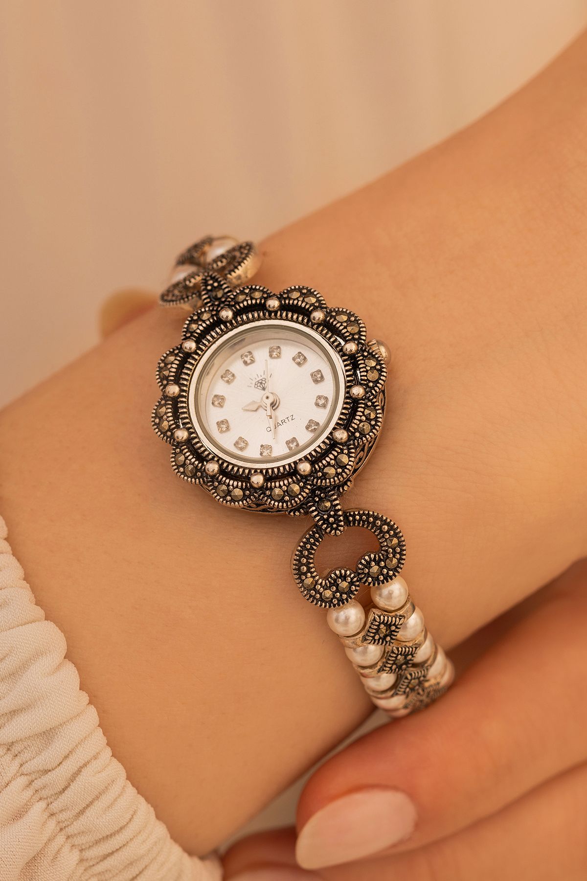 OSMANLI GÜMÜŞ Gelin Saati - Düğün Saati - Linda Inci Ve Markazit Taş Detaylı Gümüş Saat - Görsel 2