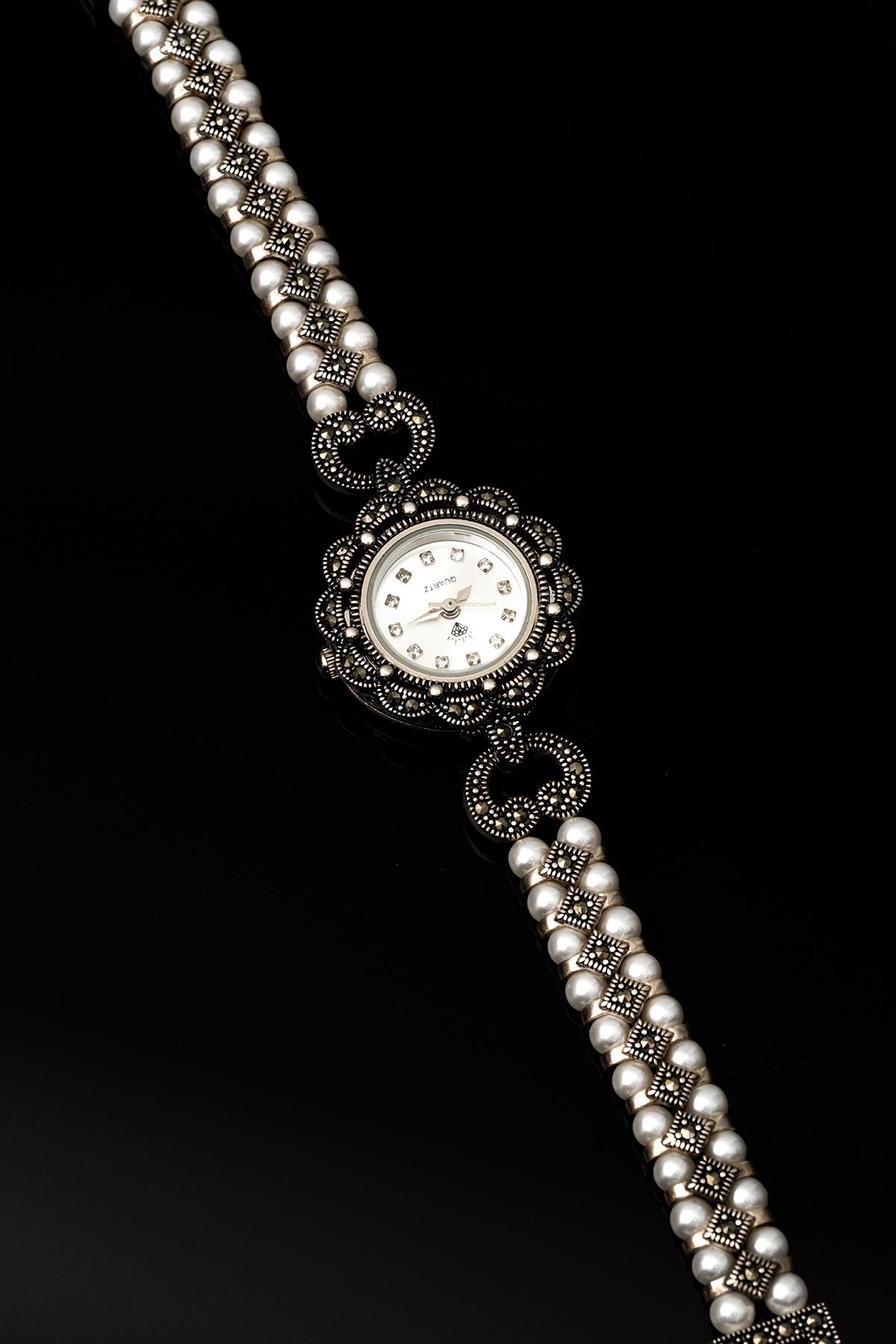 OSMANLI GÜMÜŞ Gelin Saati - Düğün Saati - Linda Inci Ve Markazit Taş Detaylı Gümüş Saat - Görsel 3