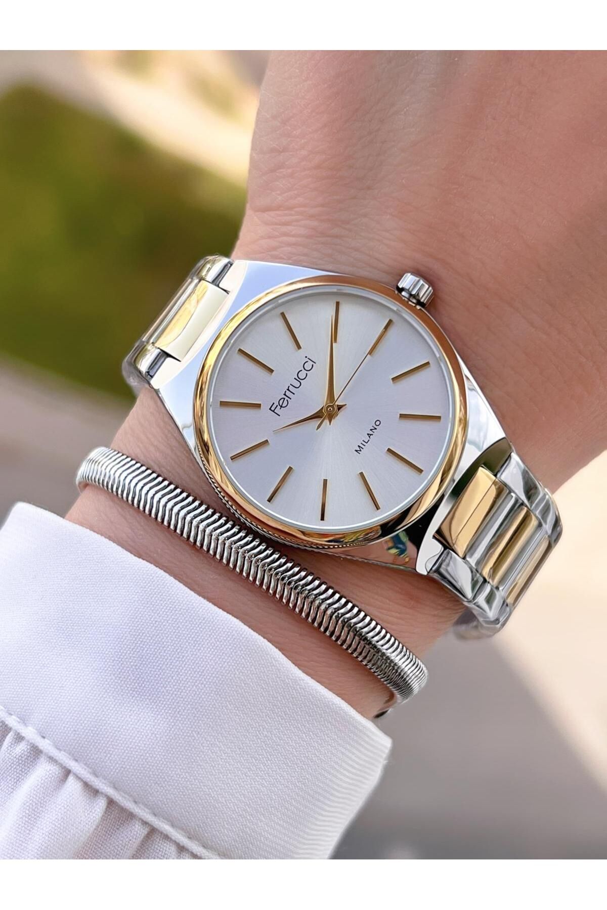 Ferrucci Özel Kutulu Kadın Kol Saati Bileklik Özel Seri Gümüş/gold Kordon Kararma Renk Atma Yapmaz