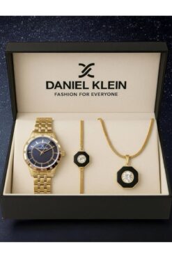 Daniel Klein Kadın Saat & Bileklik & Kolye Seti – Altın/siyah Kristal - Hediye Kutusu