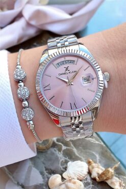 Daniel Klein Yeni Model Jübile Bilezik Takvimli Açık Pembe Kadranlı Kadın Kol Saati, Taşlı Bileklik Hediyeli