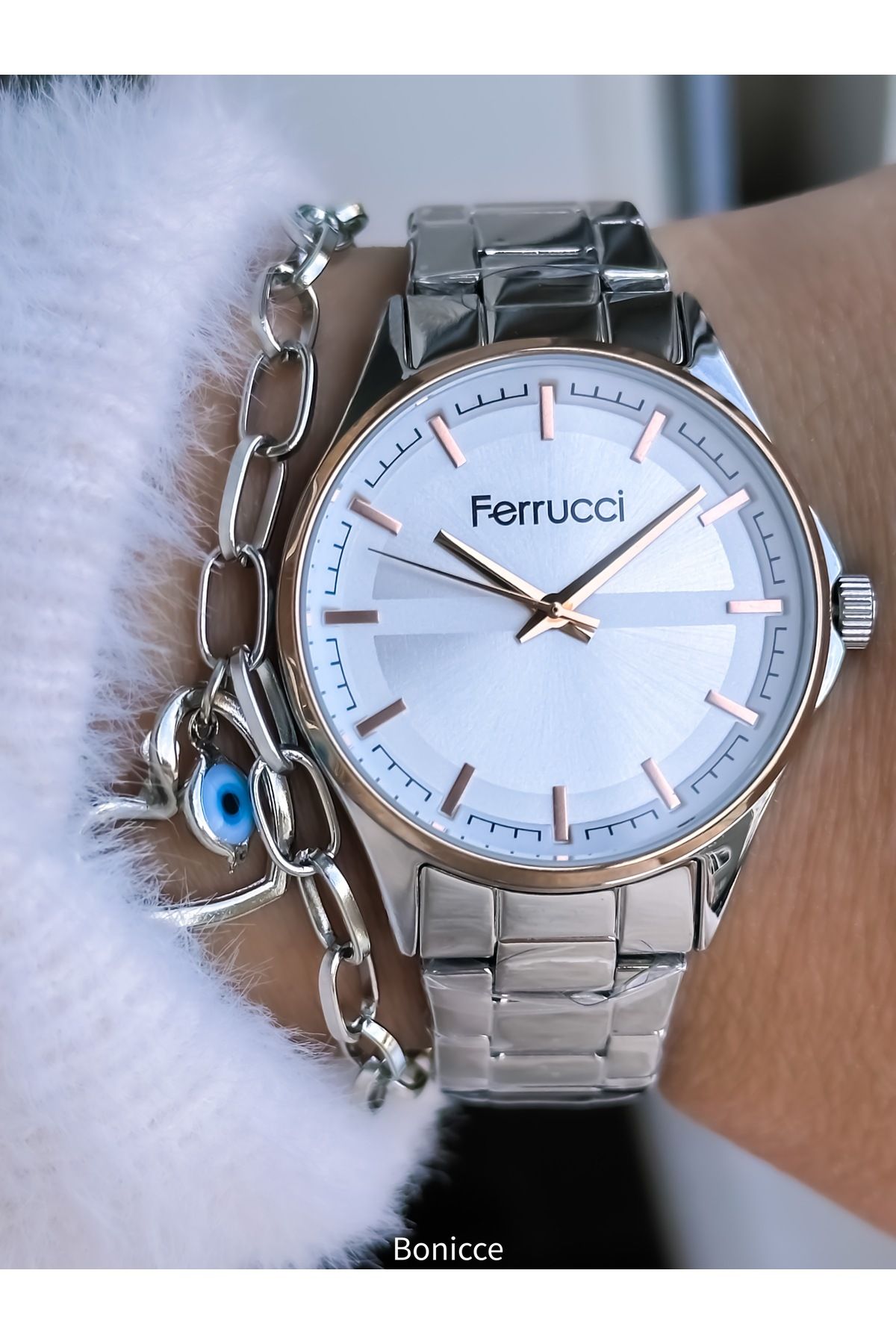 Ferrucci Marka 34 Mm Kasa Çapı Gümüş Renk, Çelik Kordon, Sade Model Kadın Kol Saati Bileklik