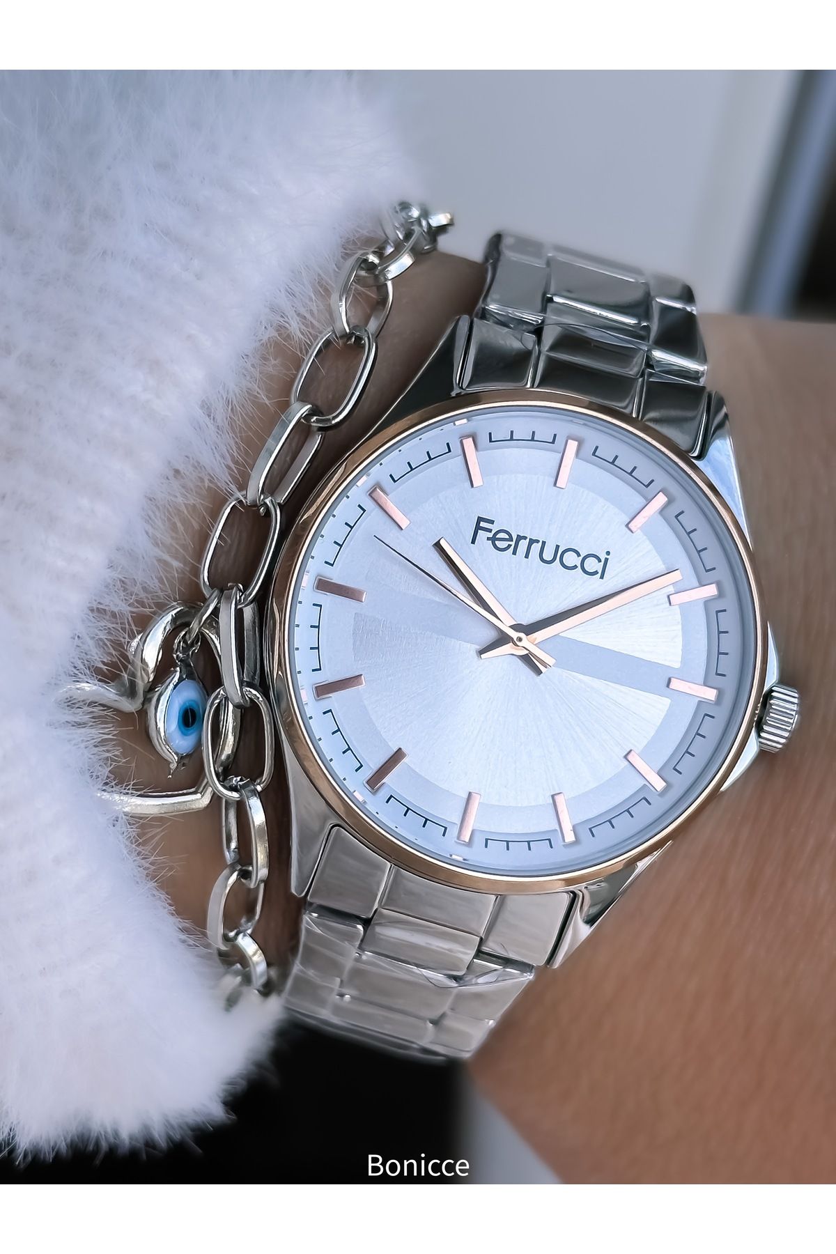 Ferrucci Marka 34 Mm Kasa Çapı Gümüş Renk, Çelik Kordon, Sade Model Kadın Kol Saati Bileklik - Görsel 2