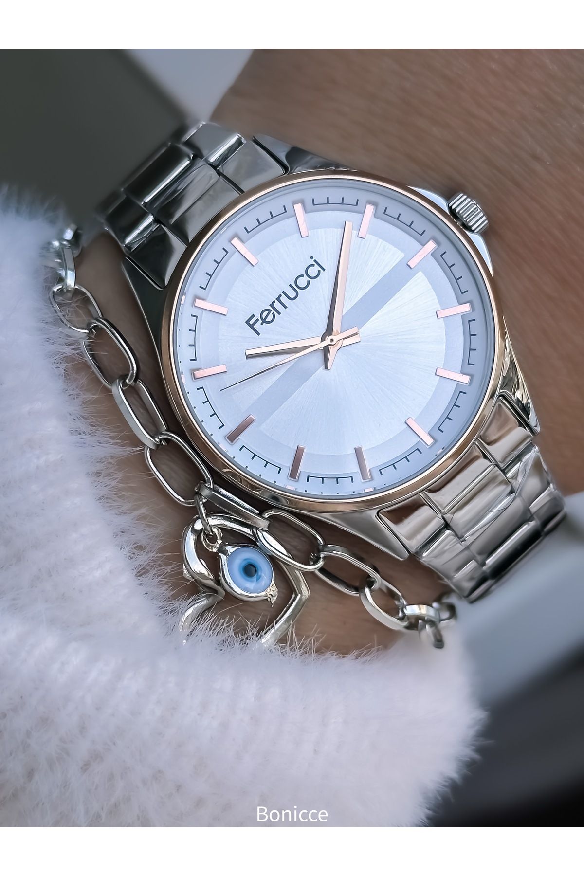 Ferrucci Marka 34 Mm Kasa Çapı Gümüş Renk, Çelik Kordon, Sade Model Kadın Kol Saati Bileklik - Görsel 3