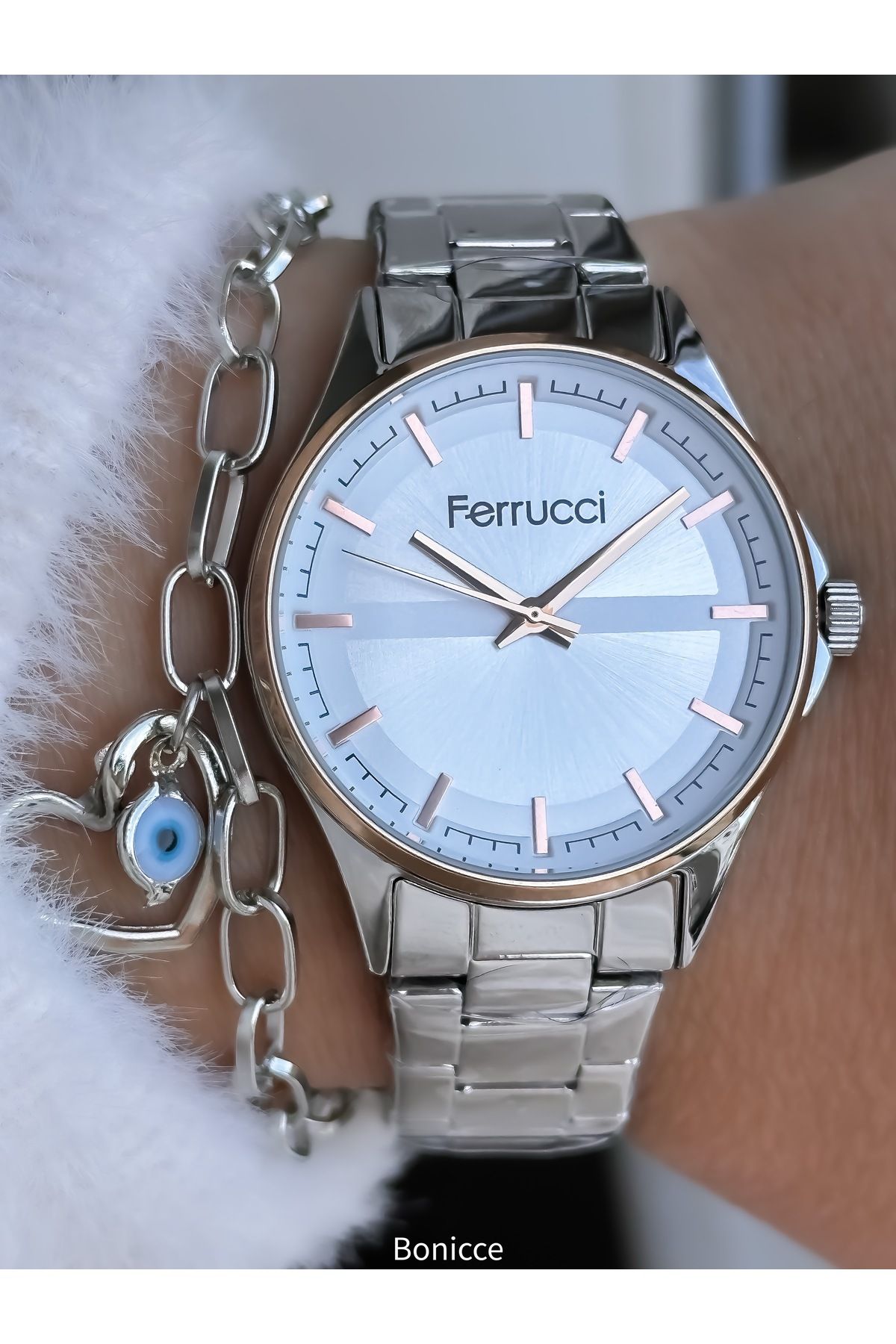Ferrucci Marka 34 Mm Kasa Çapı Gümüş Renk, Çelik Kordon, Sade Model Kadın Kol Saati Bileklik - Görsel 4