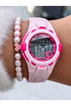 Jaga Havuz Denizde Kullanım, Işıklı, Takvimli, Kronometreli Pembe Dijital Kız Çocuk Kol Saati+Bileklik