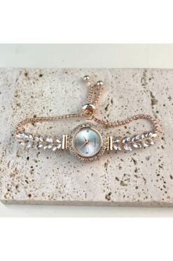 Genel Markalar Kadın Beyaz Barok Taşlı Kuvars Bileklik Saat Şık Analog Ayarlanabilir Saat