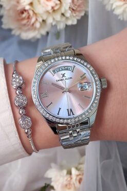 Daniel Klein 33 mm Jübile Bilezik Pembe Kadran Takvimli Metalik Kadın Kol Saati, Taşlı Bileklik Hediyeli