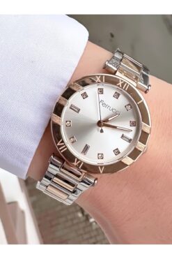 Ferrucci Kadın Gümüş Altın Taşlı Kadran Metal Kordon Kol Saati - Romen Rakamlı Zarif Çerçeve