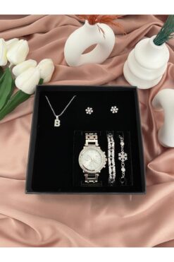 Arzu Butik Kişiye Özel Harfli Gümüş Kadın Kol Saati, Saat Bileklik Kolye Küpe Hediye Seti ( B ) Harfi