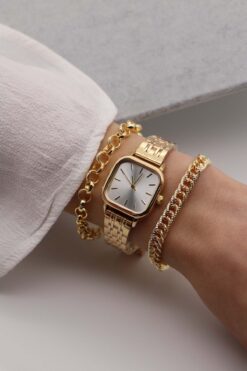 Northwatch Perla Minimal Kare Gold Beyaz Kadran Kadın Kol Saati & Yanındaki Bileklikler Ile Beraber