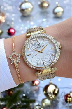 Daniel Klein Altın Sarısı Çelik Bilezik Taşlı Zarif Kadın Kol Saati, Taşlı Bileklik Hediyeli