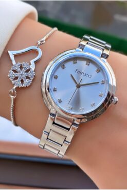 Ferrucci Ferruci Marka Gümüş Renk Çelik Kordon 2 Yıl Garantili Kadın Kol Saati - Bileklik Hediyeli