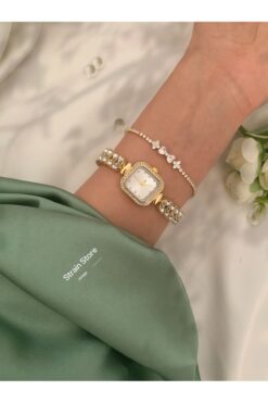 chaoyada Kare Kadran Vintage Zirkon Taşlı Yeşil Gümüş Gold Kadın Saat Özel kutusunda