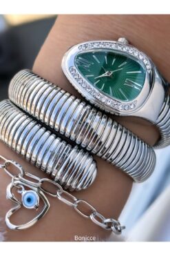 Bonicce Özel Hediyelik Kutuda Gümüş Yeşil Taşlı Yılan Model Kadın Kol Saati Bileklik Nazar Boncuklu Bileklik
