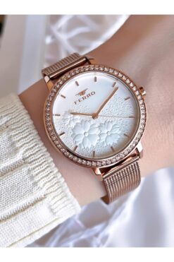 FERRO Hasır Kordonlu Rose Gold Kararmaz Renk Atmaz 3 Atm  Özel Tasarım Kadın Kol Saati BFL21242-C