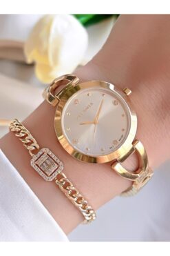 Dice Kayek Çelik Kordon Çelik Kasa Kararma Renk Atma Yapmaz Kadın Kol Saati+Bileklik AG1287.02