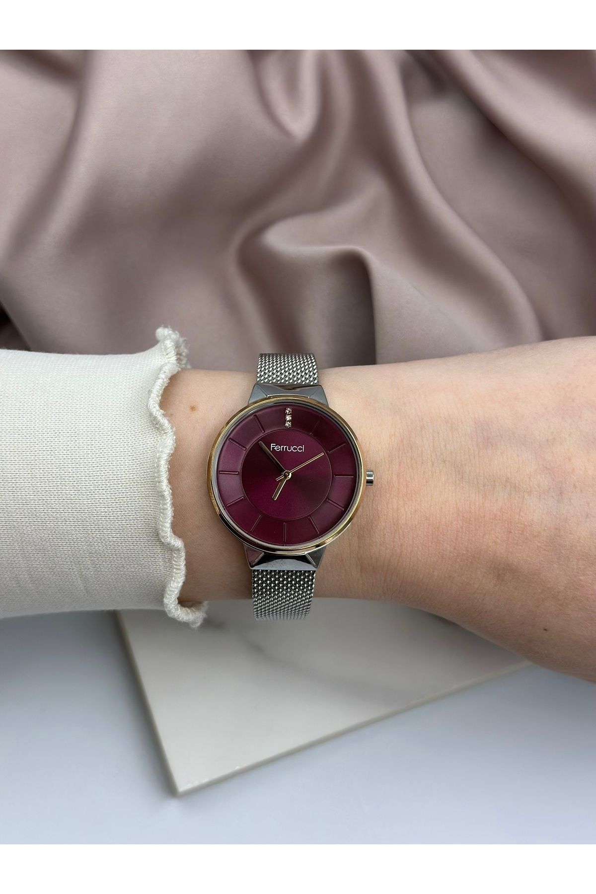 Ferrucci Gümüş Hasır Kordon Bordo Kadranlı Taşlı Minimal Ferrucci Kadın Saati