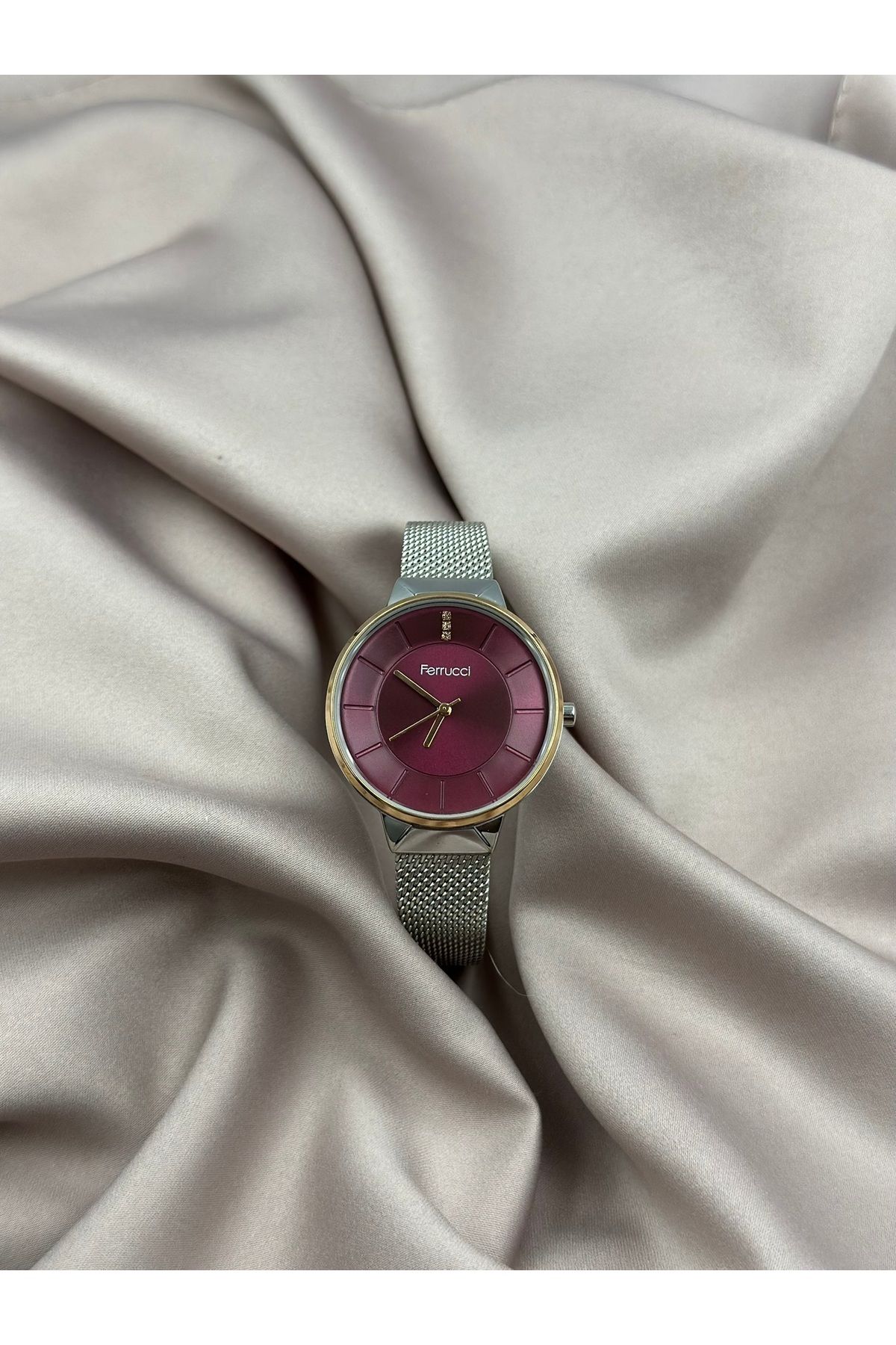 Ferrucci Gümüş Hasır Kordon Bordo Kadranlı Taşlı Minimal Ferrucci Kadın Saati - Görsel 2