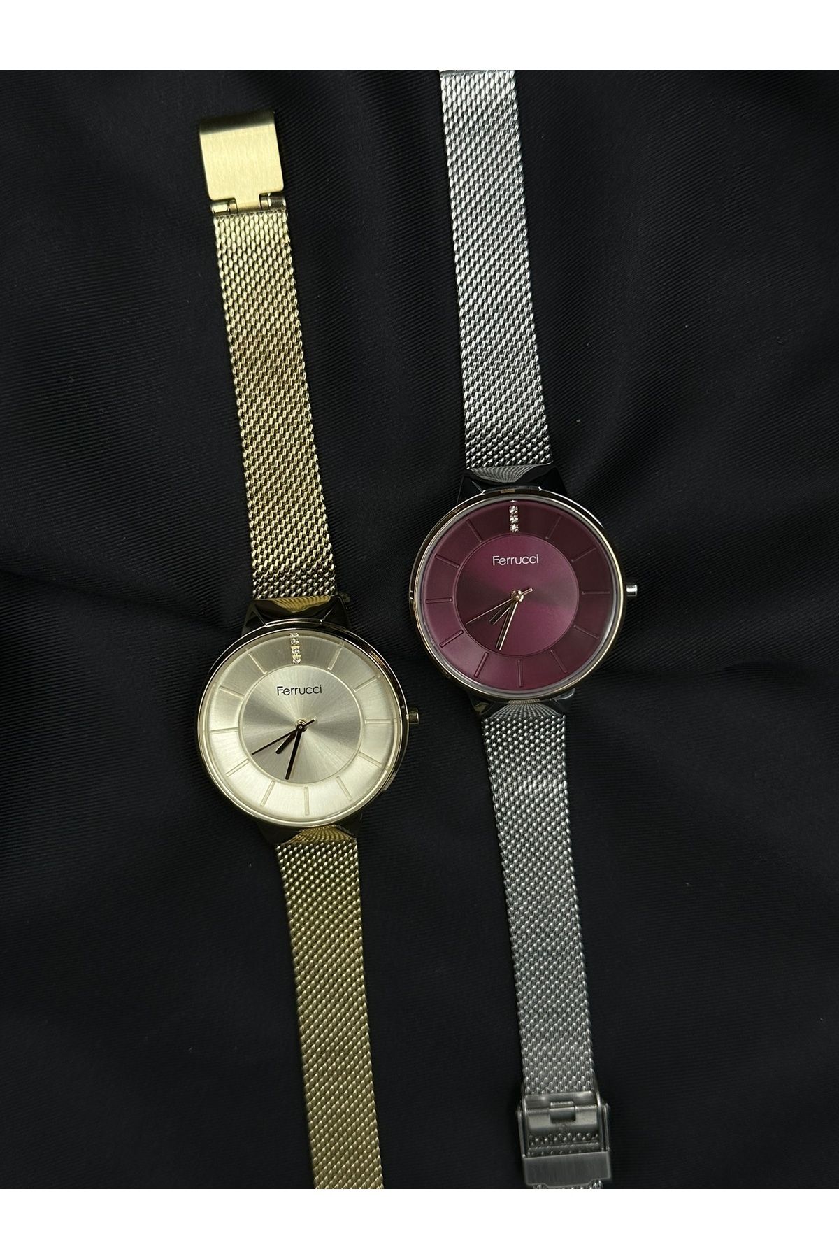 Ferrucci Gümüş Hasır Kordon Bordo Kadranlı Taşlı Minimal Ferrucci Kadın Saati - Görsel 4
