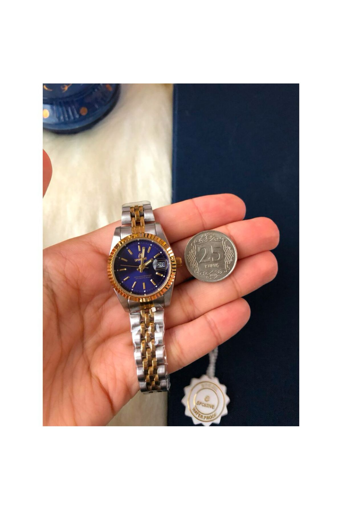 Sportive Gold Gümüş Renk Lacivert Kadran Kadın Saati