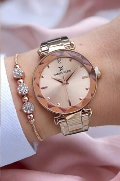 Daniel Klein 33 mm Kesme Camlı Rose Gold Şık Tasarım Kadın Kol Saati, Taşlı Bileklik Hediyeli