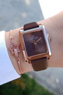 Daniel Klein Rose Gold Dikdörtgen Kasa Kahverengi Deri Kayışlı Kadın Kol Saati, Taşlı Bileklik Hediyeli