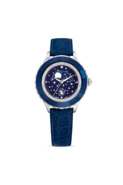 Swarovski Octea Moon Saat, Isviçre Üretimi, Ay, Deri Kayış, Mavi, Paslanmaz Çelik
