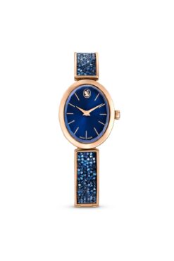 Swarovski Crystal Rock Oval Saat, Isviçre Üretimi, Kristal Bileklik, Mavi, Pembe Altın Rengi Yüzey