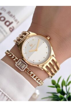 Revello By Grinicci Seri Çelik Taşlı Özel Altın Kaplama 30 Mt Su Geçirmez Bileklik Lady Wristw