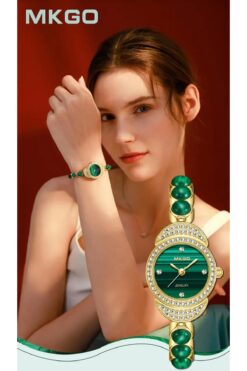 MKGO Lüks Taşlı Kuvars Saat Yeşil