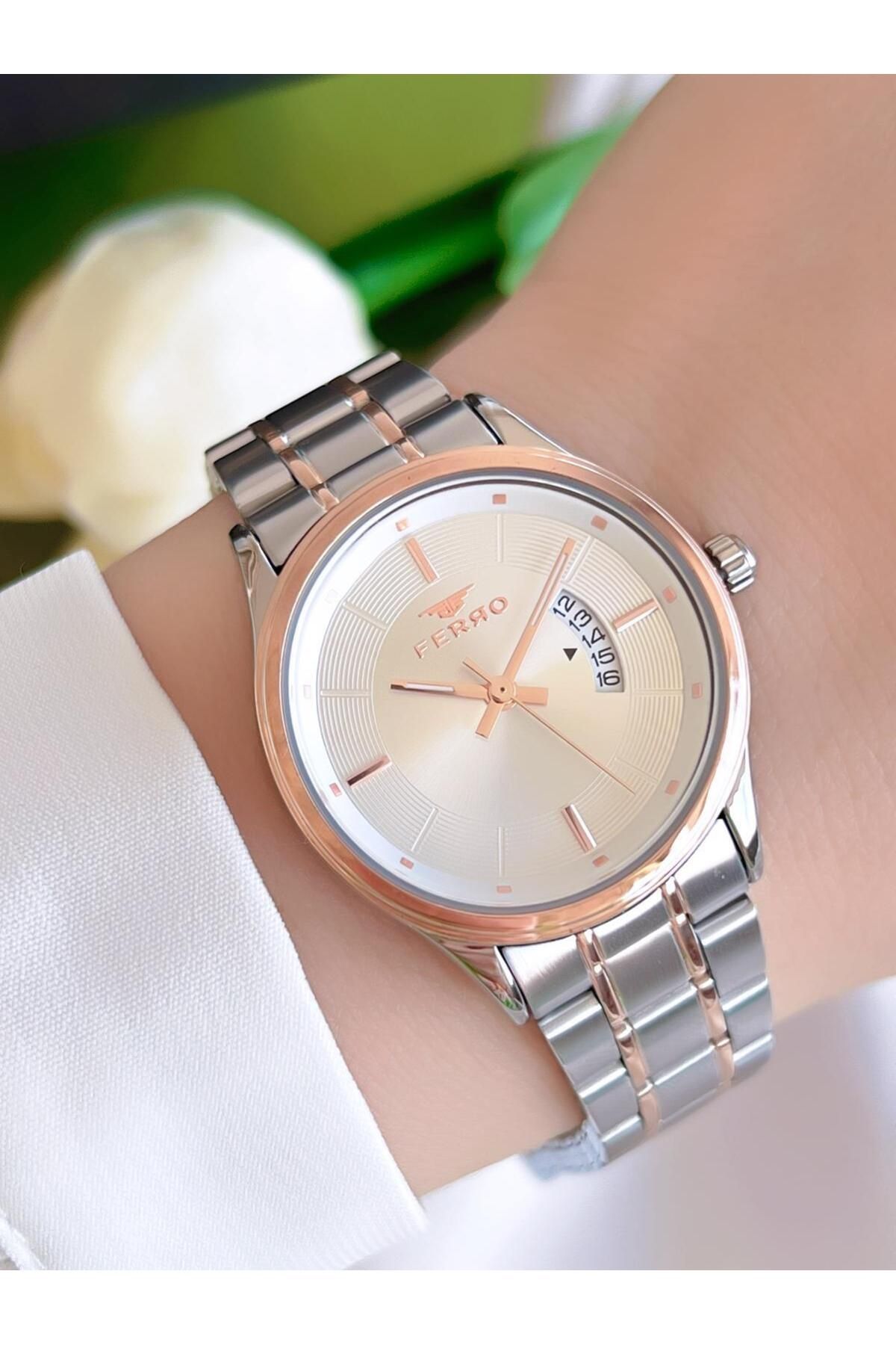 FERRO Çelik Kordon İyon Kaplama Kasa 3 Atm Suya Dayanıklı Kadın Kol Saati+Bileklik BFL21464-EX