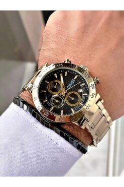 COMMES Çelik Kordon Kronometre Ve Takvimli Altın Siyah Renk Unisex Klasik Kol Saati Cm1904-ggb