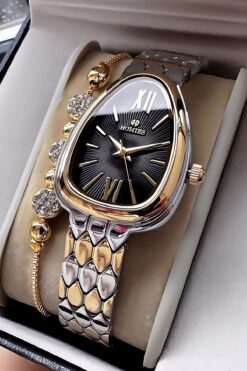 Homies Özel Kutulu Yılan Modeli Kadın Kol Saati Su Geçirmez iki Renk Çelik Kordon + Bileklik HMBY2059C3