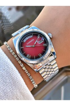 COMMES Çelik Kordon Gümüş Kırmızı Renk Özel Kesim Camlı Takvimli Kadın Klasik Kol Saati 0364l-ssk