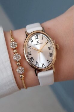 Daniel Klein Beyaz Deri Kayışlı Kadın Kol Saati + Taşlı Bileklik