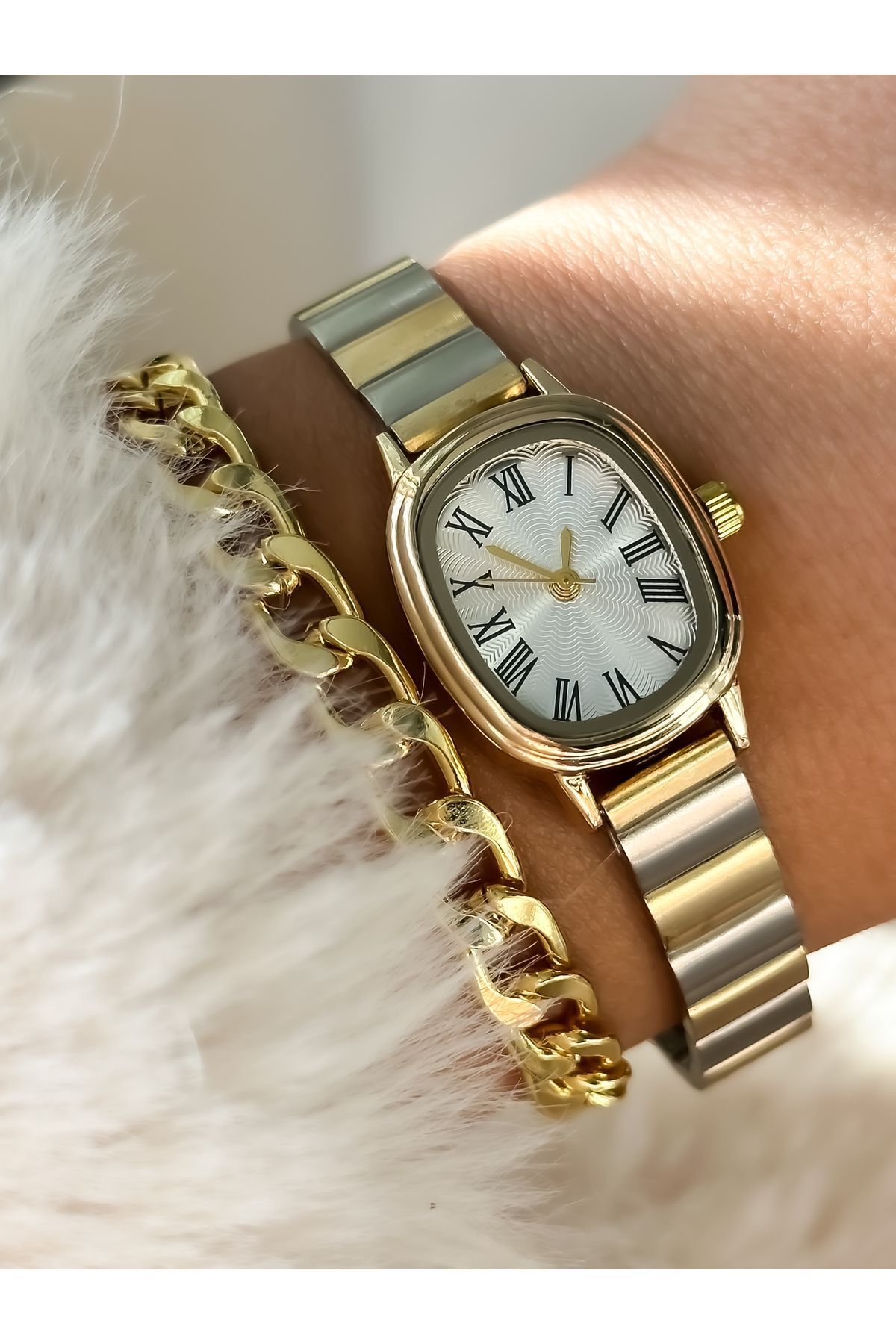 Bonicce Marka Retro Model, Minimal Oval Kasa,gümüş/sarı Kordon,roma Rakamlı Kadın Kolsaati Bileklik - Görsel 2