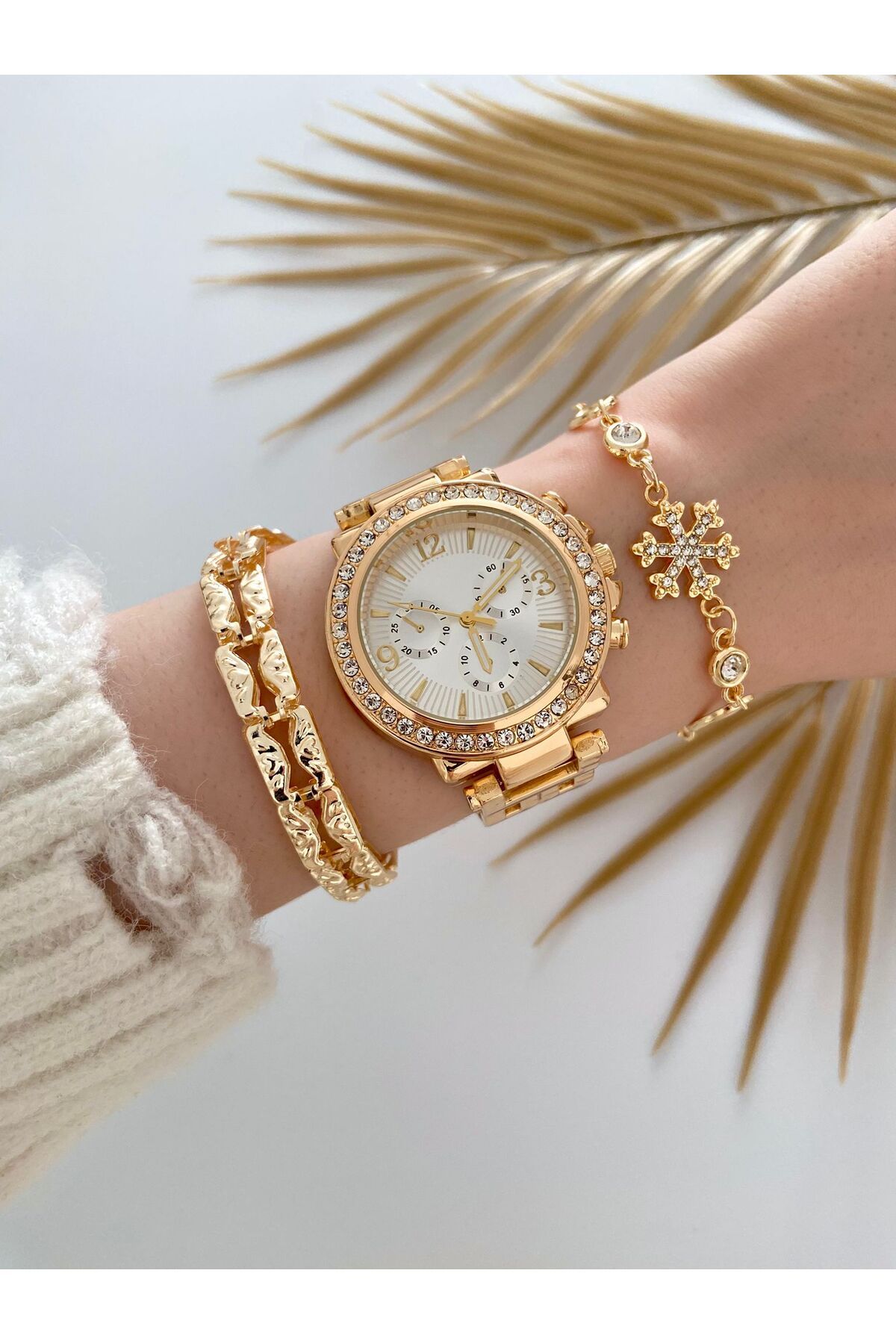 Arzu Butik Gold Renk Metal Kordon Kadın Kol Saati Ve Kombin Bileklik Seti