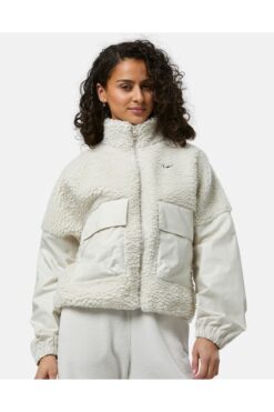 Nike Sportswear Essential Cozy Oversized Faux Fur and Ripstop Fabric Full-Zip Krem Kadın Peluş Mont