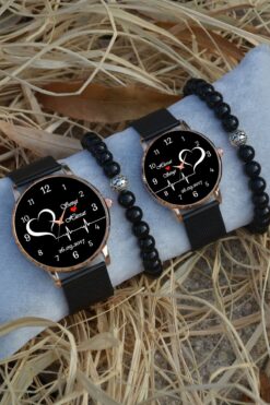 Kubbehan Sevgili Saatleri Siyah Kalp Isim Ve Tarih Yazılı Çift Kol Saatleri