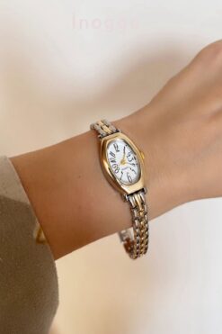 İnogge İnogge İki Renkli Minimal Oval Camlı Kadın Şeritli Kordonlu Kol Saati