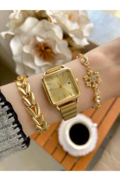 Arzu Butik Kadın Kol Saati Kare Metal Kordon Altın Sarısı Renk & Yanındaki Bileklikler Ile Beraber