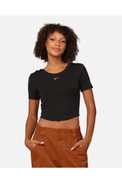 Nike Sportswear Chill Knit Sıkı Kesimli Yuvarlak Sırtlı Kısa Kollu Mini Fitilli Siyah Kadın T-shirt