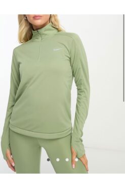 Nike Womens Dri Fit Pacer Half Zip Top Uzun Kollu Yeşil Kadın Koşu Üst