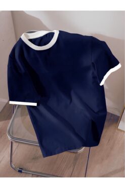 Revasser Unisex Erkek/Kadın Lacivert Beyaz Yaka Düz Oversize Pamuklu T-Shirt Tişört